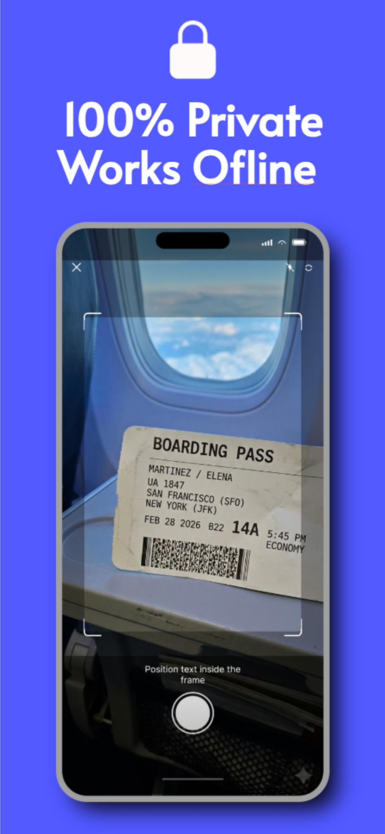 Textora scanning a boarding pass completely offline and private